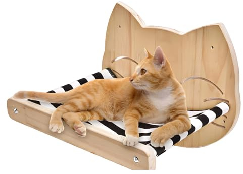 DECCART drinnen | Katzen Wandliege aus Holz mit Stoffauflage Katzenmöbel zur Wandmontage Stufen platzsparender Schlafplatz und Kletterelement