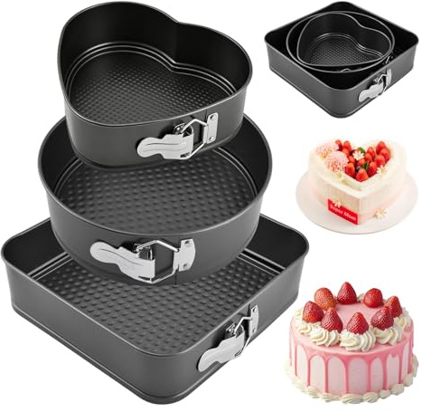 Ravionell Springform Pan Set of 3 (7,8,9 Inch) - Round, Square and Heart Shaped Leakproof Cheesecake Pans with Removable Bottom, Nonstick Carbon Steel Cake Tin for Valentine‘s Day, Anniversary Baking