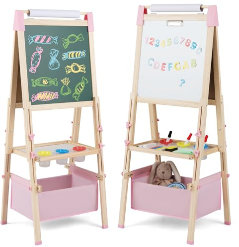 COSTWAY 3-i-1 staffli barn, dubbelsidig barntavla justerbar i höjd med whiteboard och krittavla, stativ inkl. pappersrulle, siffror, kritor och färgpenna, för barn från 3 år (rosa)