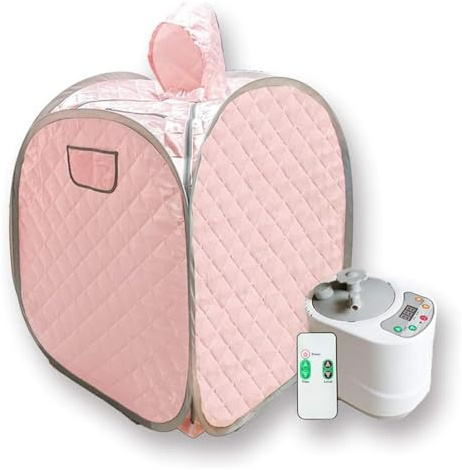 Sauna de Vapor Portátil, Kit de sauna portátil for una persona de cuerpo completo en casa, tienda de campaña con sombrero de spa, incluye izador de 2 litros con control remoto(Pink)