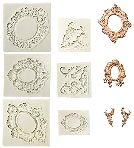 Juland 6 PCS Silikon Kuchen Schimmel Silikon-Fondant-Kuchenform Barock-Art-Retro Foto-Rahmen-Form für Sugarcraft, Cake Border Decoration, Cupcake Topper, Schmuck, Fimo, Bastelprojekte - Grau