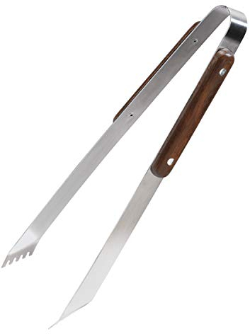 Grillzange aus Edelstahl mit Holzgriff - Geschenk für Grillmeister - Griff aus Massiven Birkenholz - Küchenzange lang 33 cm - Fleischzange mit gezackten Spitzen