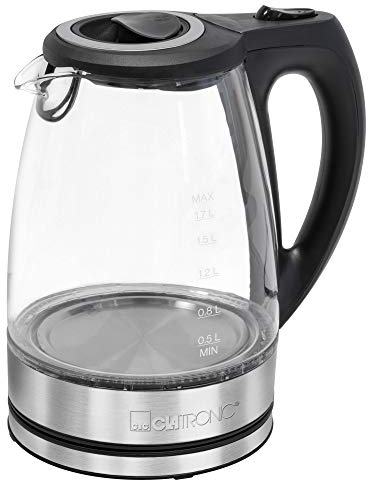 Clatronic® Wasserkocher Edelstahl 1,7 Liter | BPA frei | Wasserkocher Glas | 2200W | Sicherheitsglas | Wasserstandsanzeige | mit Kabelaufwicklung | Kettle | Edelstahl Wasserkocher | WKS 3744 G