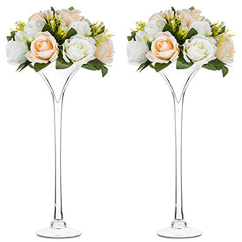 2 Stück Glastrompete Vase Langen Stiel Martini Vasen Glas Hochzeit Tischdekoration 40cm Höhe für Heimtextilien Display Bankett Party-Events Geburtstag Jubiläum Empfang Baby-Dusche