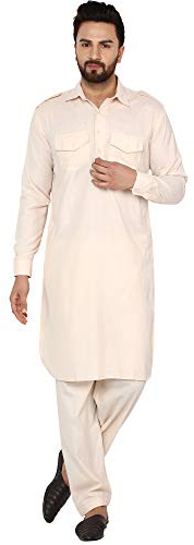 SKAVIJ Herr Pathani Kurta Pyjamas Set Indisk Etnisk Avslappnad Festklänning Beige S