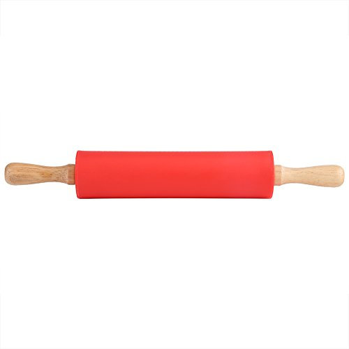 Teigroller mit Metallachse, Silikon Nudelholz als Backzubehör, Backrolle mit nicht klebend Silikon Teigroller Holzgriff aus Buchenholz 30 cm