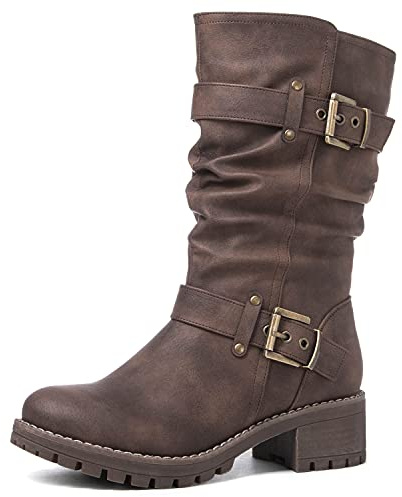 GLOBALWIN Women's Mid Calf Dress Boots Biker Motorcycle Riding Boots Women For Women Brown Size 8M