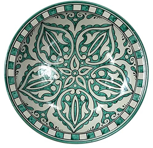 Casa Moro Handbemalte Keramik-Schale F045 mit Ø 35cm grün weiß | runder Teller | Kunsthandwerk aus Fes Marokko | Orientalischer Deko-Teller bunt | KSF045