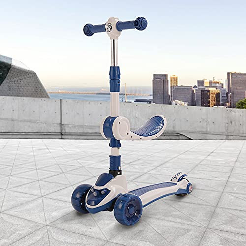 3-Rollen Roller, Kinderroller mit Klappsitz und LED-Rädern, Höhenverstellbar 70-75-84 cm, Kleinkind Dreirad Kinderroller 2 bis 8 Jahre Mädchen und Jungen (Blau)