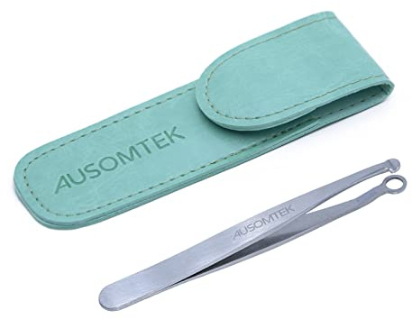 AUSOMTEK Nose Hair & Ear Hair Trimming Tweezers, Eyebrow Grooming Scissors, Eyelash Clipper, Stainless Steel Grooming Scissors, Safe Round-Headed, for Men and Women (Cyan PU Case) (1 Pack)