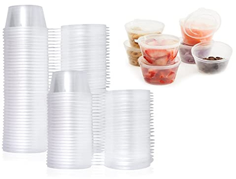 Kunststoff-Saucen-Becher mit Scharnier, runde Lebensmittelbehälter mit Deckel, wiederverwendbare Deli-Töpfe für Mitnehmen, Soßen, Dressings, Gewürze und andere Lebensmittelaufbewahrung, 50 Stück