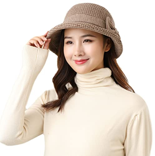Damen Winter Wollfilz Mütze Vintage Cloche Hüte Derby Kleid Hüte Klassisch Fedora Hut Bowler Kirche Hüte Fischerhut Herbst Eleganter Breite Krempe Schlapphut mit Schöner Fliege für Mädchen Frauen