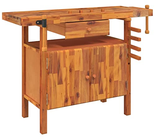 vidaXL Banco Lavoro Cassetto e Morse 92x48x83 cm Legno Massello Acacia
