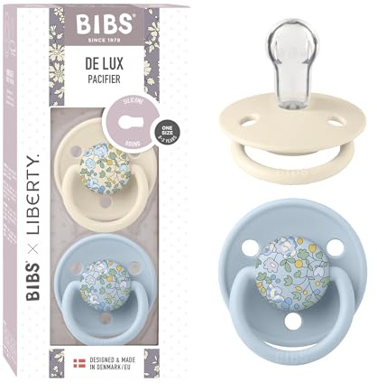 Bibs De Lux Liberty Dummies 2-Pack, BPA Free Dummy Pacifier, Round Nipple. Silicone, Made in Denmark, OneSize (0-36 Months), Eloise Baby Blue
