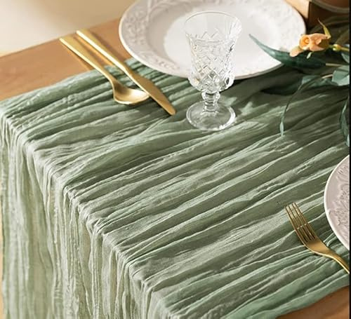 Chemin de table en étamine, vert sauge, 90 cm x 400 cm, en gaze rustique, tissu semi-transparent romantique, décoration pour mariage bohème et fête d'anniversaire