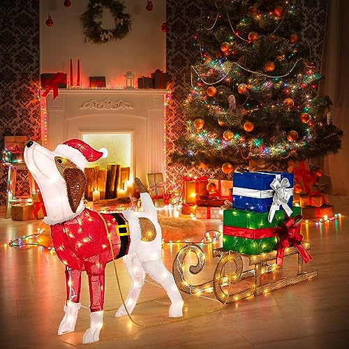 COSTWAY Decorazioni Natalizie Illuminate di Cane e Slitta, Luci Natalizie a Forma di Cane da Esterno Interno, Decorazione Natalizia Festosa con 170 Luci LED per Giardino e il Cortile