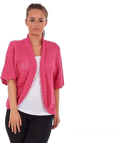 Women's Crochet Knitted Bolero Shrug Ladies Short Sleeve Elegant Open Front Cardigan Top Tees Vest Summer Plus Size Holiday Party (Fuchsia, L/XL (16-18))