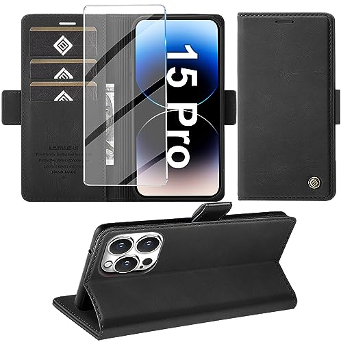 Giyer Handyhülle für iPhone 15 Pro Hülle mit Schutzfolie, Standfunktion Kartenfach Wallet Premium Leder Schutzhülle für iPhone 15 Pro 5G 2023 Flip Case Cover Tache Stoßfeste Klapphülle (Schwarz)