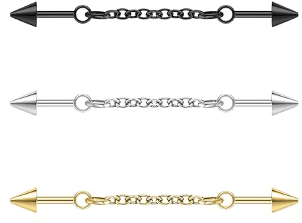 ZS 3PCS Surgical Steel Industrial Barbell Jewelry, 16G Spike Industrial Cartilage Helix Stud Piercing Earrings Chain Industrial Piercing Bar for Women Men (3PCS Mix Colors)