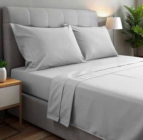 gobedreams Juego de Sábanas 4 Piezas 180x190/200. Sábanas de Cama de Poliéster Microfibra cepillada. Sábana Plana, Sabana Bajera Ajustable y 2 Fundas de Almohada. Color Gris Claro