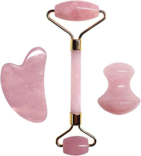 Gua Sha Schaberbrett, Rosenquarz, dünnes Gesichtsmassagegerät, Naturstein, Guasha-Brett, Jade-Roller, rosa Kristall-Gesichtsschaber, Jade-Gesichtsroller-Set, Massage-Werkzeug-Set Voller Textur (Color
