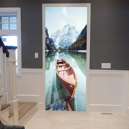 Türtapete Selbstklebend 90x200 Seeblick Türaufkleber 3D Türposter Schneegebirgsboot Fototapete Türfolie Türklebefolie Wasserdichte für Türwand Dekoration Tapete 6730m
