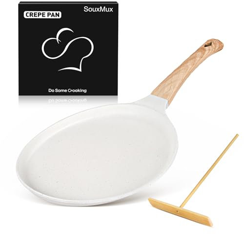 SouxMux Nonstick 9.7-Inch Crepe Pan with Spreader, Ceramic Coated Dosa Tawa Pan, Induction Compatible Flat Skillet for Pancakes, Omelettes, and More with Cool Handle, PFOA Free