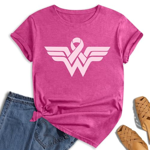 hohololo Tee-Shirt Octobre Rose pour Femme Cancer du Sein Cœur Rose Ruban Tshirt