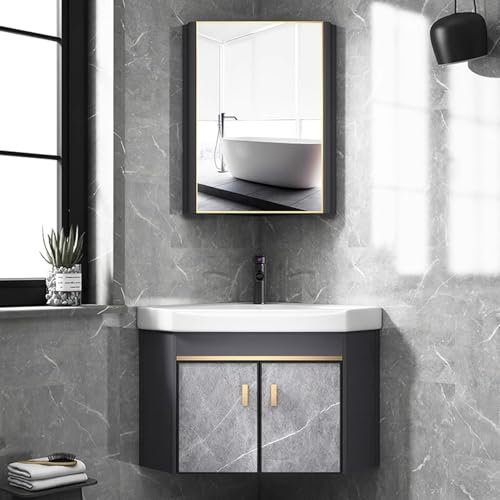 DYUNCZ Mobile Bagno Lavabo Angolare con Lavabo in Ceramica e Mobiletto a Specchio, Mobile Bagno con Lavabo da Appoggio, Mobile Bagno Sospeso, for Bagno, Lavanderia(48cm)