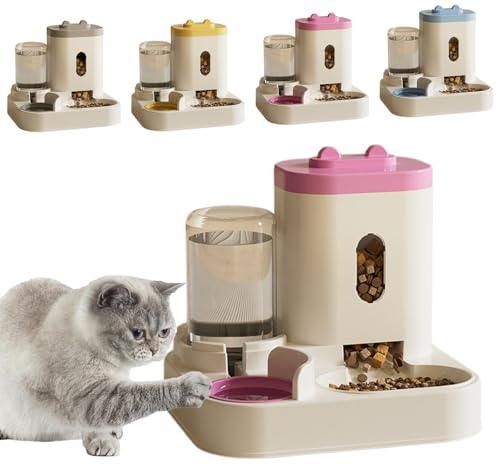 Katze Futter- und Wasserspender mit Wasser, Schwerkraft Katzenfutter Spender für Katzen/Hunde, Manuell Futterspender Katzen Trockenfutter Haustiere, Doppelt Automatischer Futterspender (Rosa)