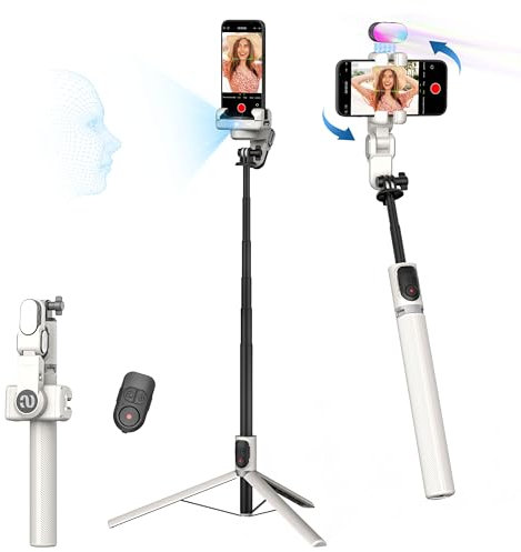 AOCHUAN Cell Phone Tripod for iPhone Android with Auto Face Tracking 360° Rotation, Smartphone Gimbal Stabilizer for Video Recording,Selfie Stick Tripod with Remote,RGB Light for TikTok(M2Pro White)