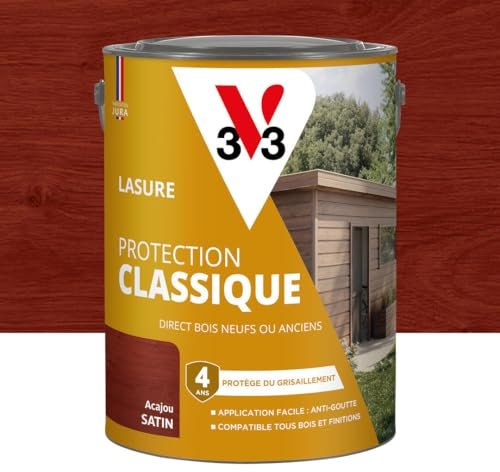 V33 Lasure Bois extérieur Acajou - Protection Classique 4 ans - Protège du grisaillement - Direct bois neufs ou anciens - Texture anti-goutte - 5L