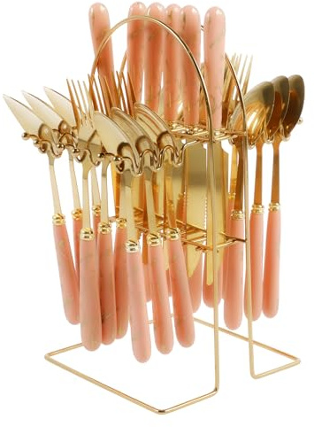 24Pcs Silverware Set with Hanging Stand, Stainless Steel Cutlery Set, Forks Knives and Spoons Set for 6 People, Mirror Polished Design Kitchen Utensil Tableware Set for Home Restaurant (Pink)