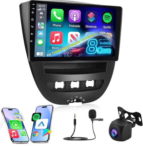 8 Core 4G+64G Android 13 Autoradio für Toyota Aygo/Peugeot 107/Citroen C1 2004-2014 mit Wireless Carplay & Android Auto, 10.1 Zoll Touchscreen Radio mit WiFi/GPS/Bluetooth 5.0/32EQ DSP/FM RDS