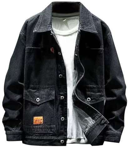 Giacca Jeans Uomo Nera, Giacca Primavera Uomo, Giacca Trucker Leggera Casual Button Down Risvolto Giacca in Denim Stretch retrò Biker Cappotto Casual Denim Giacca in Jeans Vintage per Il Tempo Libero