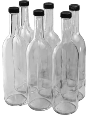 FastRack 750 ml Clear Bordeaux Wine Bottles (Pack of 6) with 12 Black PLASTIC caps | W5 Flint Flat-Bottomed Glass Bottles Ideal for Wine Making and Storage
