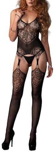 XIUSEMY Lingerie for Women Fishnet Bodystocking Attached Stockings Sexy Bodysuit Soft Nightwear Plus Size(XGB Black)