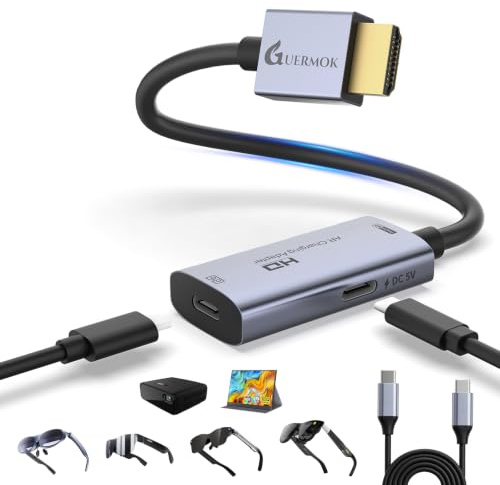 Guermok, Adaptador HDMI-USB-C para Gafas AR, 4K@60Hz, HDMI → USB-C, Gaming | Carga mientras muestra vídeo, Compatible con gafas AR, consolas portátiles, monitores portátiles, HDMI → USB-C, vídeo estable