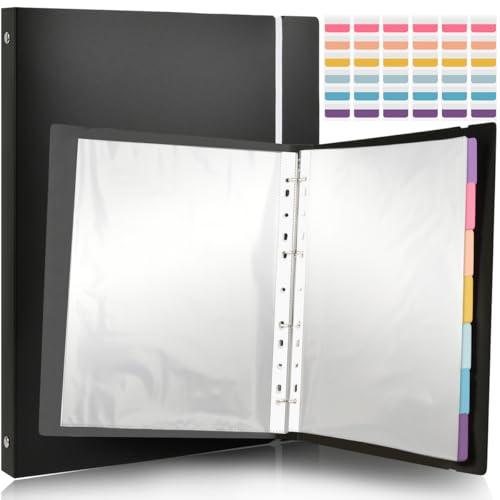 POUMUE Cartelle Portadocumenti, Raccoglitore Documentiin Plastica con 50 Buste Perforate e 6 Adesivi Indice Colorati, Raccoglitore Documenti con Buste, Cartellina Portadocumenti A4 per Documenti