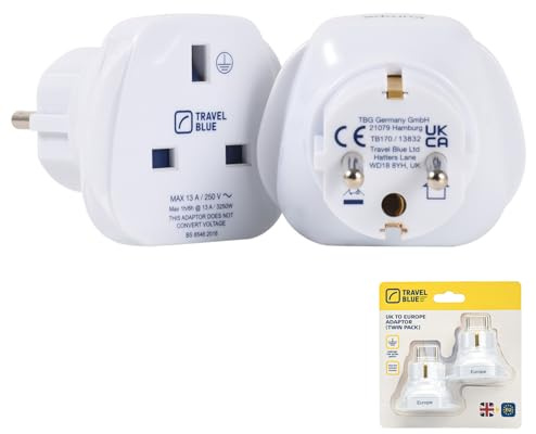 Travel Blue UK to EU European Plug Travel Adaptor | UK 3 Pin to EU 2 Pin Grounded Power Adapter for European Countries except Italy, Switzerland, Denmark - Pack of 2