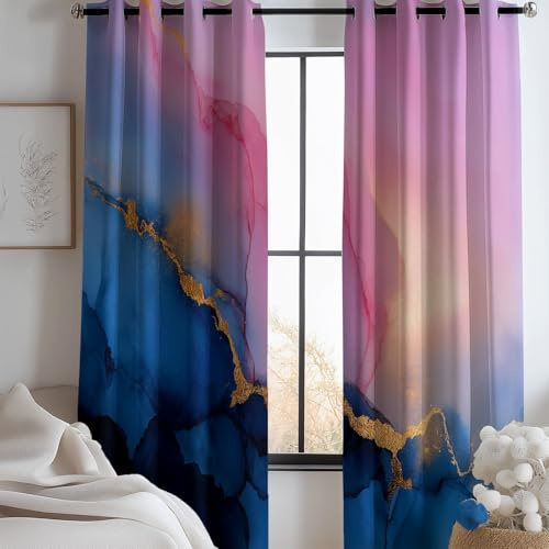 XCQHZYQ Kids Blackout Curtains for Bedroom Living Room Abstract Marble, Thermal Insulated Curtains Blue Privacy Protection Reduce Noise Grommet Top, Light Blocking Drapes 2 Panels, W46 x L72 inch