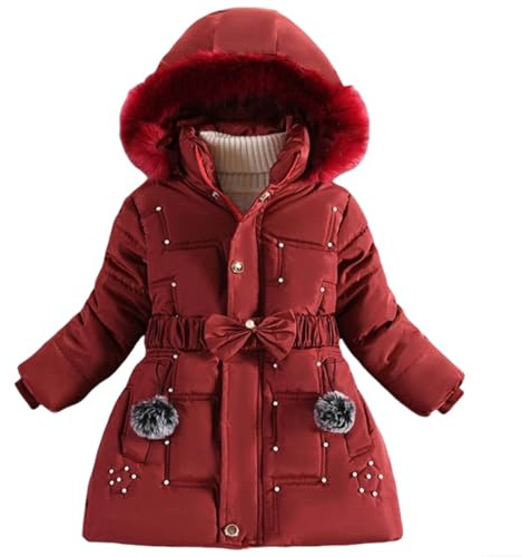 Generico Giacche invernali per ragazze con pelliccia sintetica e cappuccio Outwear, Colore: rosso, 4-5 Anni