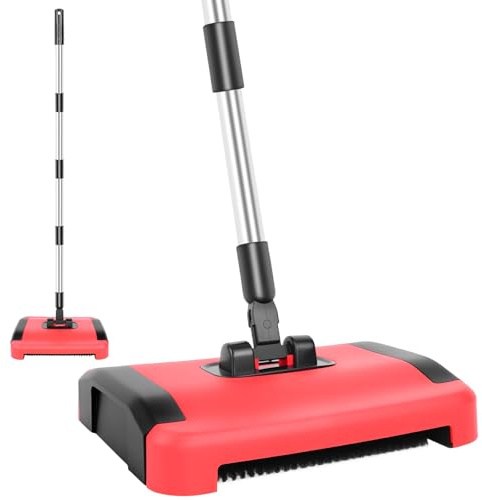 Carpet Sweepers Manual, Carpet Floor Sweeper Manual with 180° Rotating Brush Head, Three Layer Brush, Lightweight Manual Carpet Cleaner Non Electric Quite Rug Roller Brush Push for Cleaning Pet Hair
