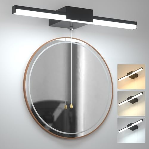 Lamptobe 3-Colour 40CM Bathroom Over Mirror Light with Pull Cord Switch, IP44 Water Resistant 3CCT LED Bathroom Wall Light Fixture Black, 8W AC230V Hard Wired