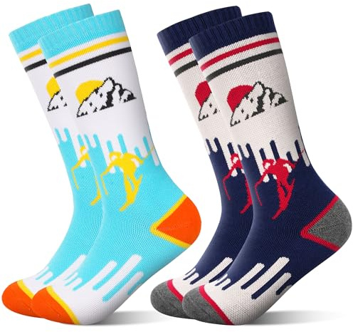 ELUTONG Kid's Ski Socks for Boys Girls, 2 Pairs of Warm Children's Ski Socks with Sunrise and Snowman Motifs for Children Aged 3-5 Years(sunrise – sky blue + navy blue)