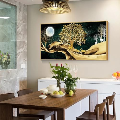 BPJSTU Luxuriöses Wandbild auf Leinwand, abstraktes Poster mit goldenem Geldbaum, Elch und Vollmond, dekorative Bilder für Zuhause (50 x 100 cm/rahmenlos)