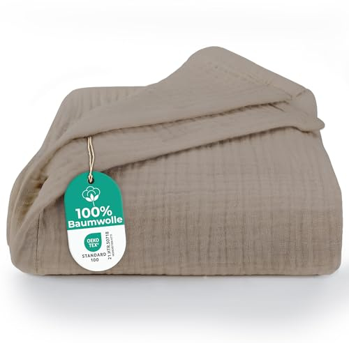 Dreamzie Musselin Tagesdecke 127x177 cm – Baumwolldecke Oeko-Tex Zertifiziert – Atmungsaktive Kuscheldecke – leichte Kuscheldecke Baumwolle als Sofa-, Bett- & Couchüberwurf – Taupe