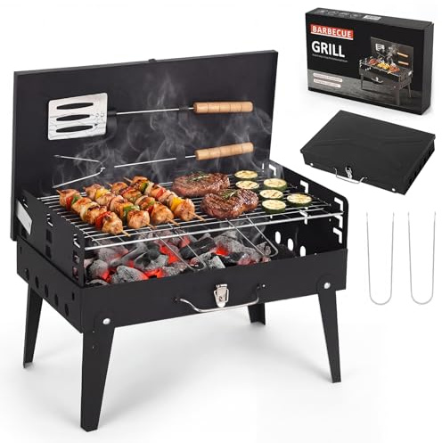 Noetopolis Portable Charcoal BBQ Grill, Foldable Charcoal Barbecue Grill, Small BBQ with Tool Hooks, Mini BBQ Grill Outdoor, Camping Barbecue Grill, Table Charcoal BBQ for Garden,Beach,Picnic,Travel