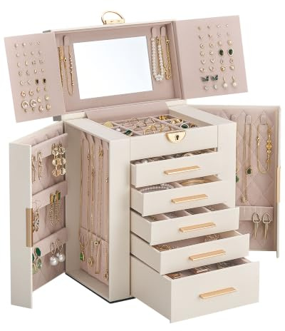 Lolalet Große Schmuckaufbewahrung, 6 Ebenen mit Spiegel 5 Schubladen Beige | Abschließbarer Schmuckkästchen für Uhren, Ringe, Ohrringe, Armbänder und Halsketten Geschenkidee für Damen Mädchen