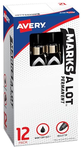 Avery Marks-A-Lot Permanent Markers, Large Desk-Style Size, Bullet Tip, Water and Wear Resistant, 12 Black Markers (24878)